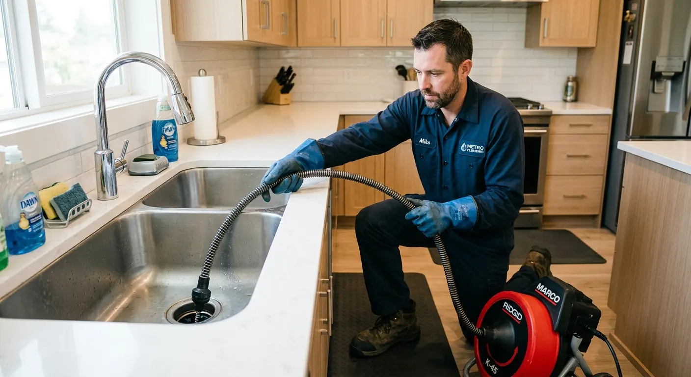 Drain cleaning technician using a motorized snake on a kitchen sink in Hudsonville