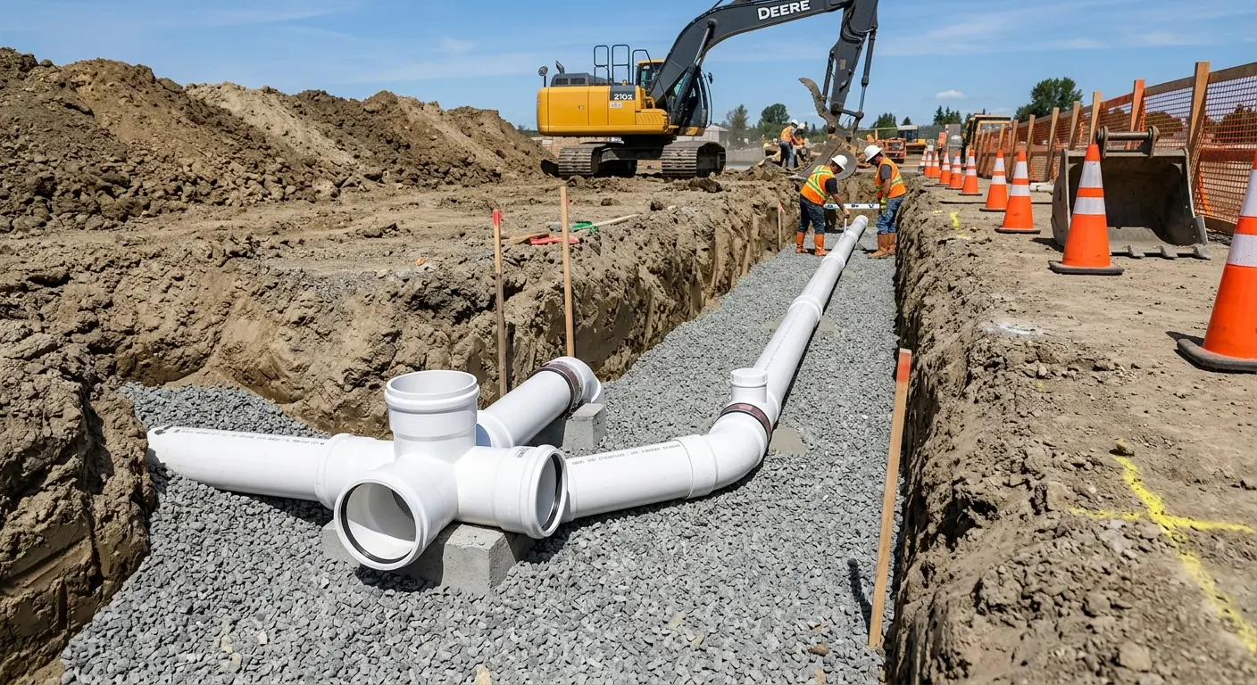 New PVC sewer pipe installation in open trench for Sewer Backup in Hudsonville
