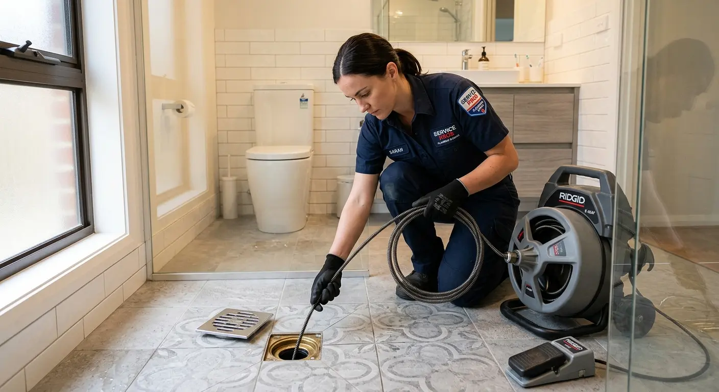 Technician clearing a bathroom floor drain for Sewer Line Replacement in Hudsonville